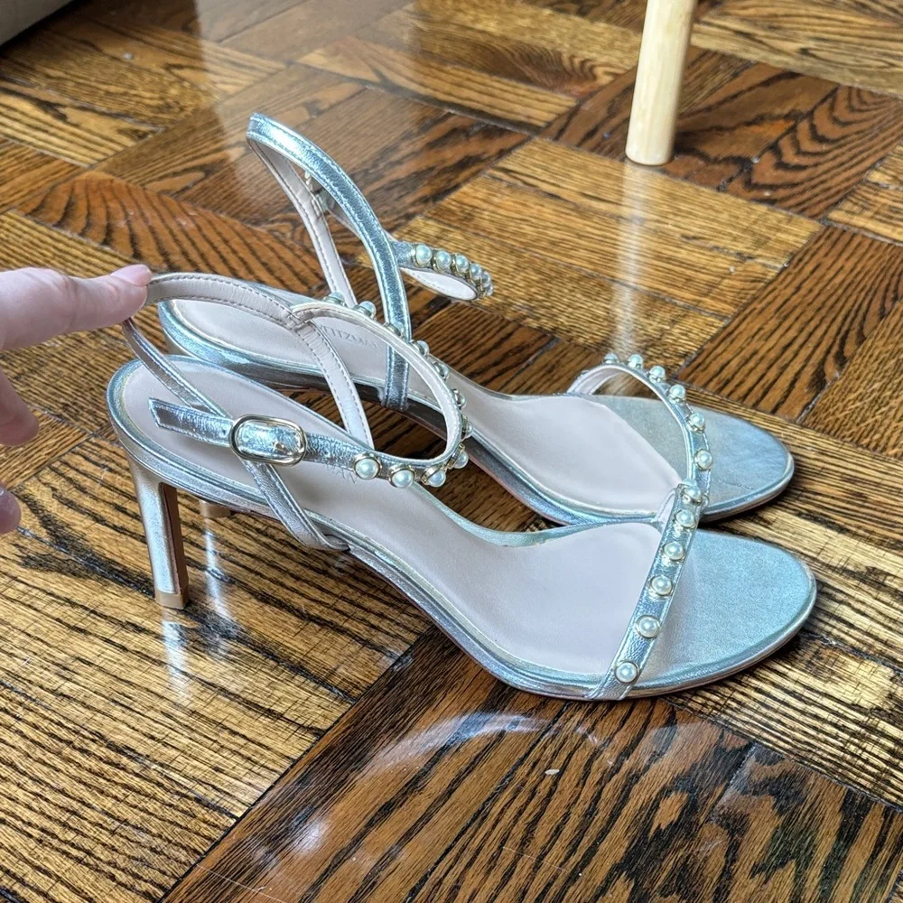 Stuart Weitzman Pearl-Embellished Silver Sandals - Picture 2 of 6